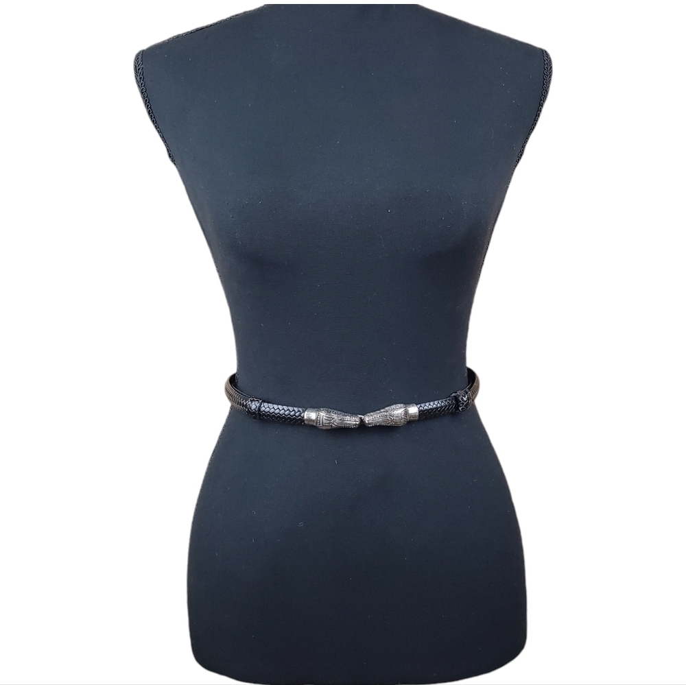 CHICO’s Black Braided Faux Leather Belt | Silver Tone Hook / Eye Clasp